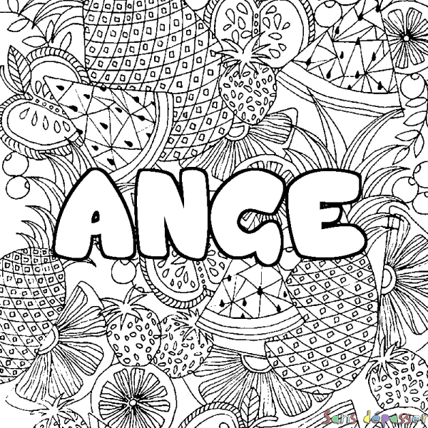 Coloriage pr&eacute;nom ANGE - d&eacute;cor Mandala fruits