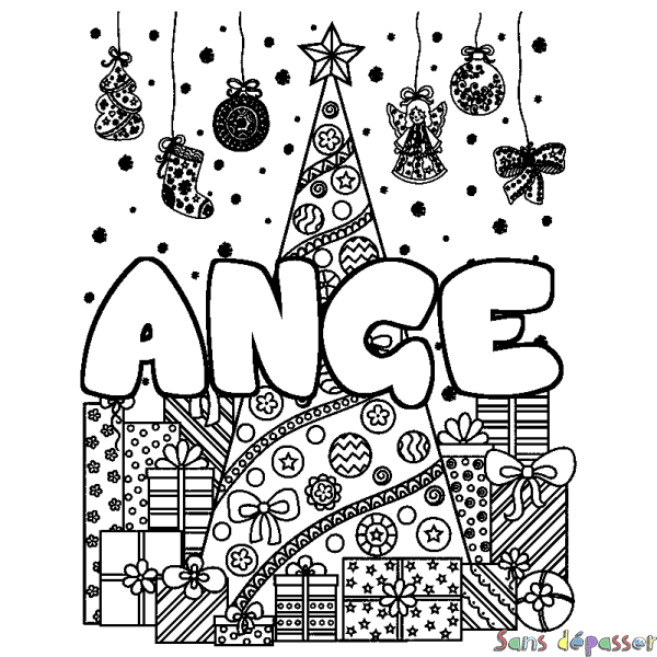 Coloriage pr&eacute;nom ANGE - d&eacute;cor Sapin et Cadeaux
