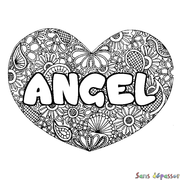 Coloriage pr&eacute;nom ANGEL - d&eacute;cor Mandala coeur