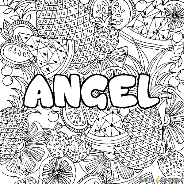 Coloriage pr&eacute;nom ANGEL - d&eacute;cor Mandala fruits