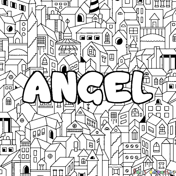 Coloriage pr&eacute;nom ANGEL - d&eacute;cor Ville