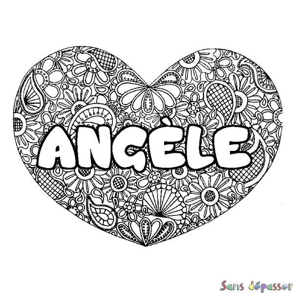 Coloriage pr&eacute;nom ANG&Egrave;LE - d&eacute;cor Mandala coeur