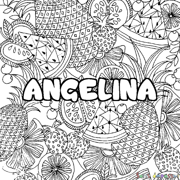 Coloriage prénom ANGELINA - d&eacute;cor Mandala fruits