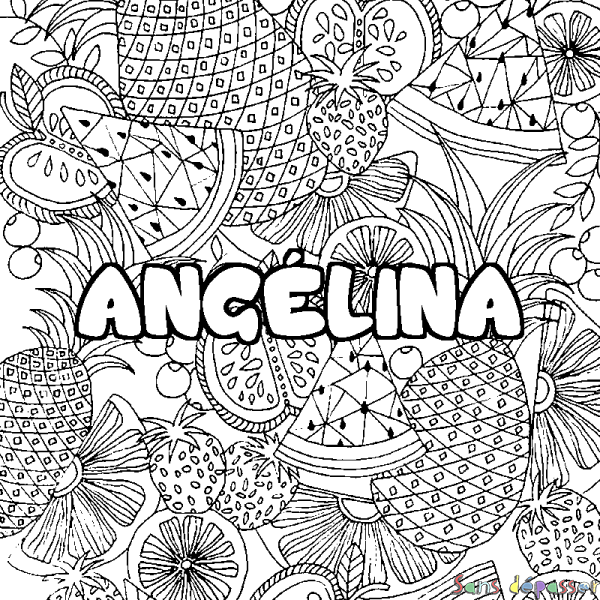 Coloriage pr&eacute;nom ANG&Eacute;LINA - d&eacute;cor Mandala fruits