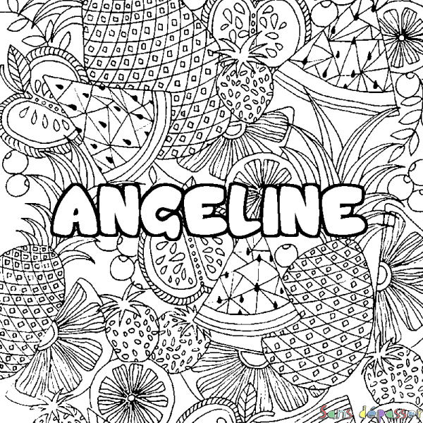 Coloriage pr&eacute;nom ANGELINE - d&eacute;cor Mandala fruits