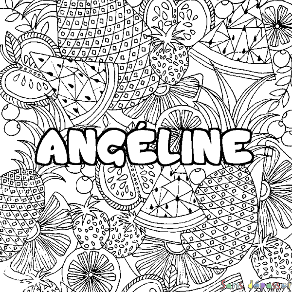 Coloriage pr&eacute;nom ANG&Eacute;LINE - d&eacute;cor Mandala fruits