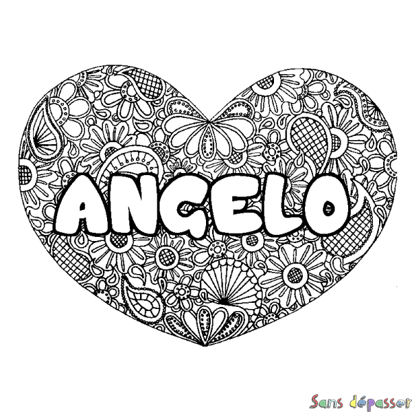 Coloriage pr&eacute;nom ANGELO - d&eacute;cor Mandala coeur