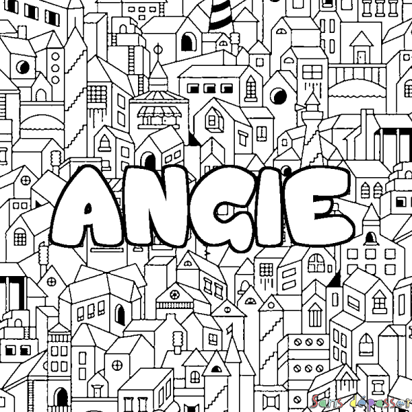 Coloriage pr&eacute;nom ANGIE - d&eacute;cor Ville