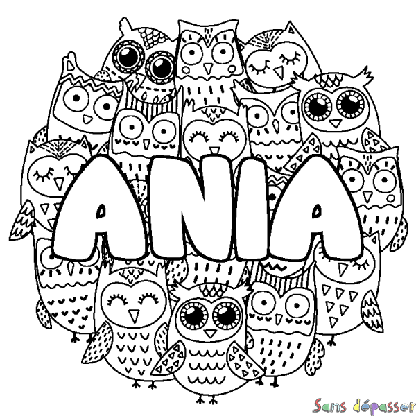 Coloriage pr&eacute;nom ANIA - d&eacute;cor Chouettes