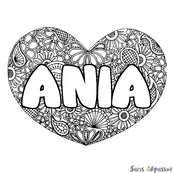 Coloriage pr&eacute;nom ANIA - d&eacute;cor Mandala coeur