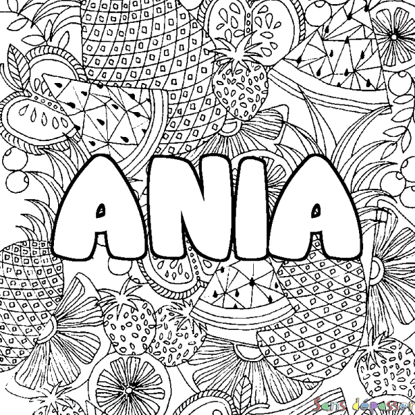 Coloriage pr&eacute;nom ANIA - d&eacute;cor Mandala fruits