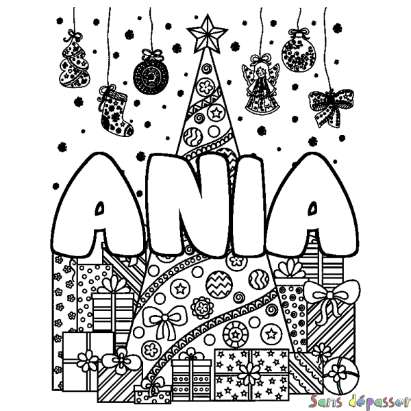 Coloriage pr&eacute;nom ANIA - d&eacute;cor Sapin et Cadeaux
