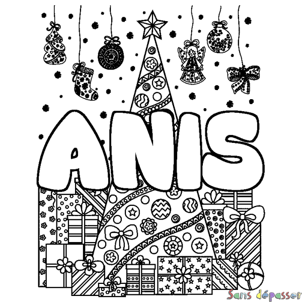 Coloriage prénom ANIS - d&eacute;cor Sapin et Cadeaux
