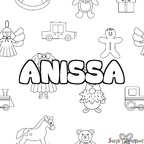 Coloriage pr&eacute;nom ANISSA - d&eacute;cor Jouets