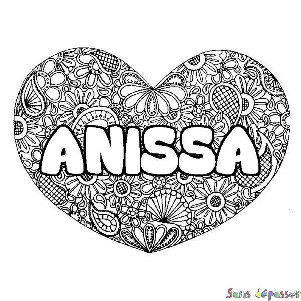 Coloriage prénom ANISSA - d&eacute;cor Mandala coeur
