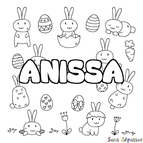 Coloriage pr&eacute;nom ANISSA - d&eacute;cor Paques