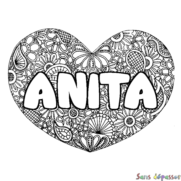 Coloriage prénom ANITA - d&eacute;cor Mandala coeur