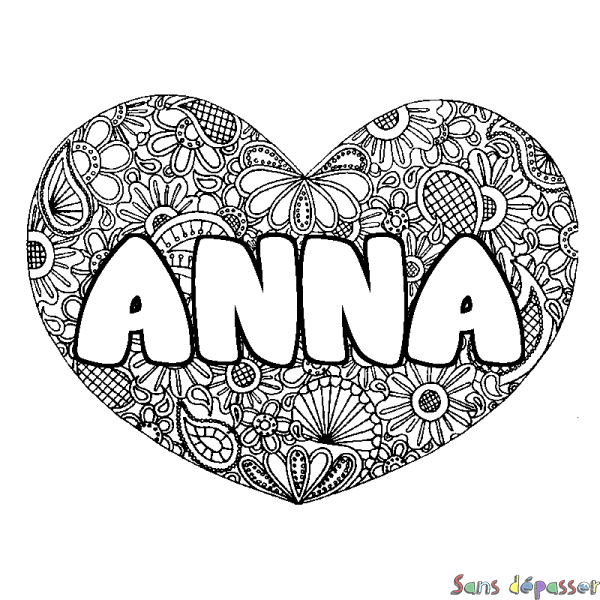 Coloriage prénom ANNA - d&eacute;cor Mandala coeur