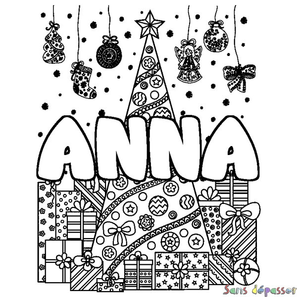 Coloriage pr&eacute;nom ANNA - d&eacute;cor Sapin et Cadeaux