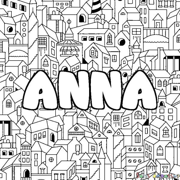 Coloriage pr&eacute;nom ANNA - d&eacute;cor Ville