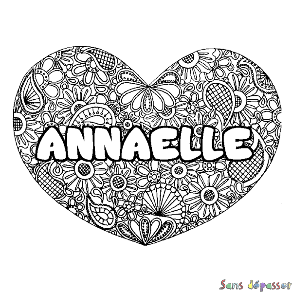 Coloriage pr&eacute;nom ANNAELLE - d&eacute;cor Mandala coeur