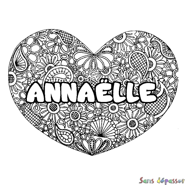 Coloriage pr&eacute;nom ANNA&Euml;LLE - d&eacute;cor Mandala coeur