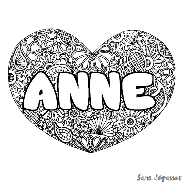 Coloriage pr&eacute;nom ANNE - d&eacute;cor Mandala coeur