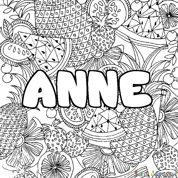 Coloriage pr&eacute;nom ANNE - d&eacute;cor Mandala fruits