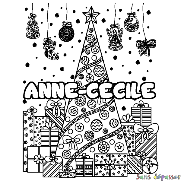 Coloriage pr&eacute;nom ANNE-C&Eacute;CILE - d&eacute;cor Sapin et Cadeaux