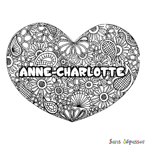 Coloriage prénom ANNE-CHARLOTTE - d&eacute;cor Mandala coeur