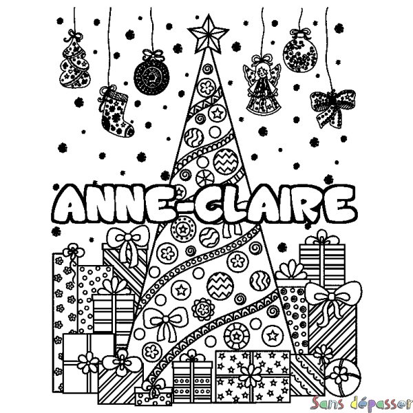 Coloriage prénom ANNE-CLAIRE - d&eacute;cor Sapin et Cadeaux