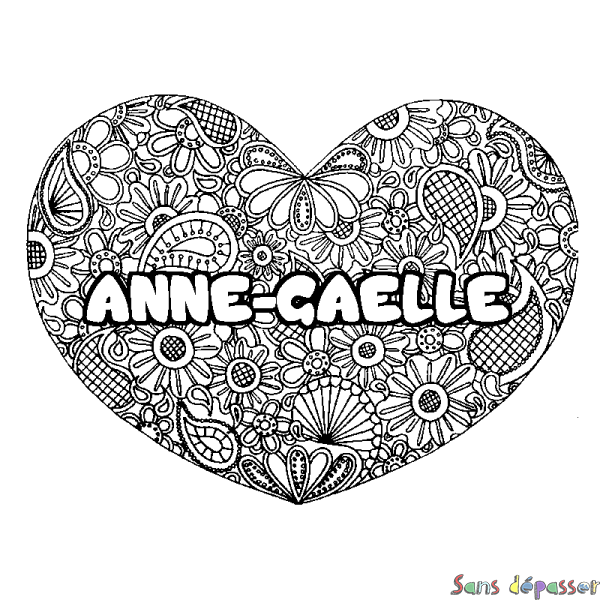 Coloriage pr&eacute;nom ANNE-GAELLE - d&eacute;cor Mandala coeur