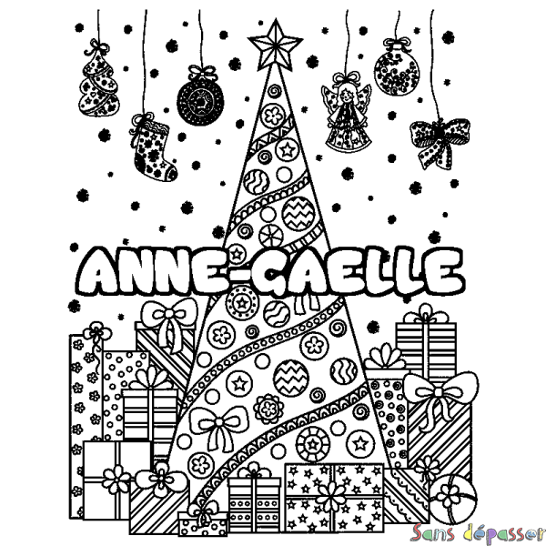 Coloriage prénom ANNE-GAELLE - d&eacute;cor Sapin et Cadeaux