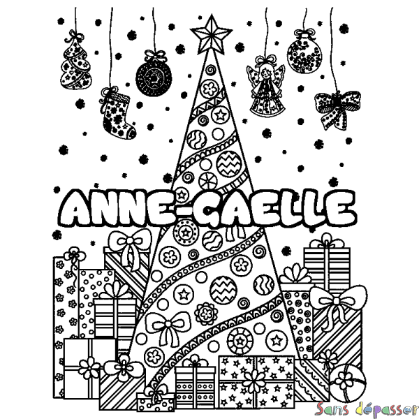 Coloriage pr&eacute;nom ANNE-GAELLE - d&eacute;cor Sapin et Cadeaux