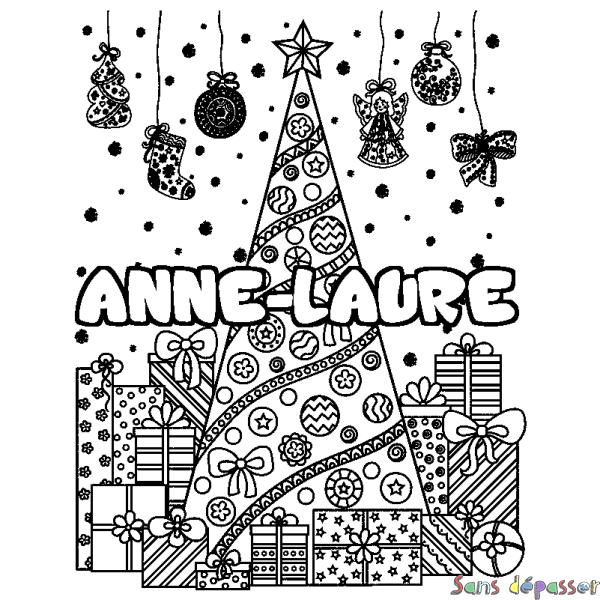 Coloriage prénom ANNE-LAURE - d&eacute;cor Sapin et Cadeaux