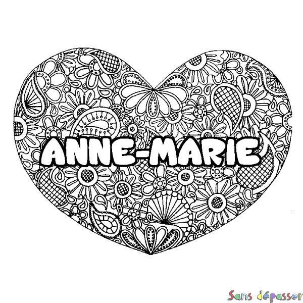 Coloriage prénom ANNE-MARIE - d&eacute;cor Mandala coeur
