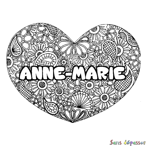 Coloriage pr&eacute;nom ANNE-MARIE - d&eacute;cor Mandala coeur