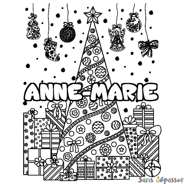 Coloriage pr&eacute;nom ANNE-MARIE - d&eacute;cor Sapin et Cadeaux