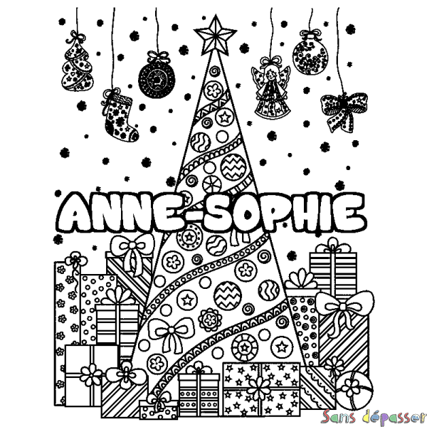 Coloriage prénom ANNE-SOPHIE - d&eacute;cor Sapin et Cadeaux