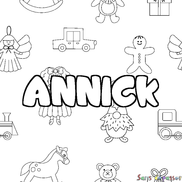 Coloriage pr&eacute;nom ANNICK - d&eacute;cor Jouets