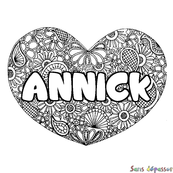 Coloriage prénom ANNICK - d&eacute;cor Mandala coeur