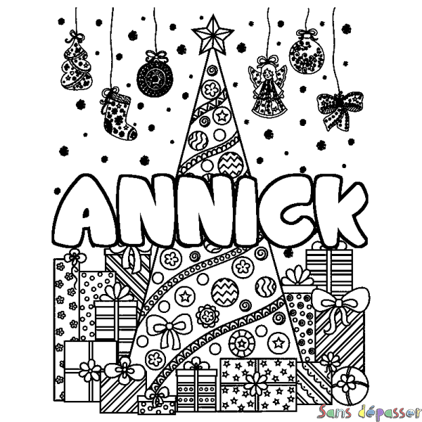 Coloriage prénom ANNICK - d&eacute;cor Sapin et Cadeaux