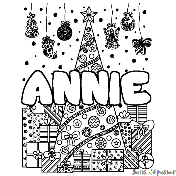 Coloriage prénom ANNIE - d&eacute;cor Sapin et Cadeaux