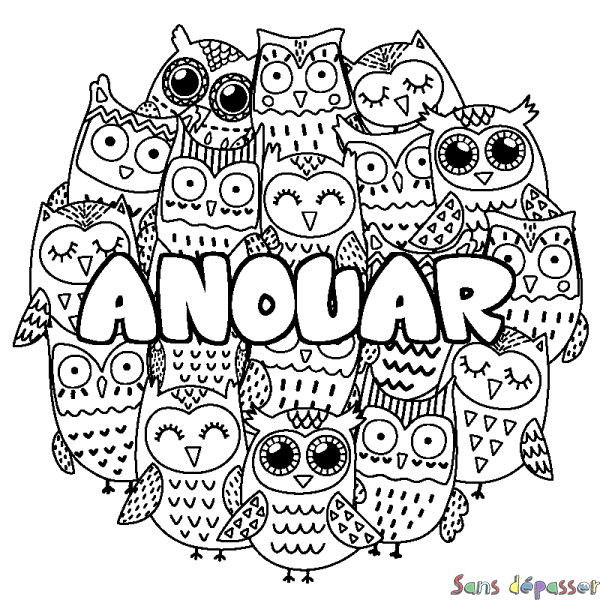 Coloriage pr&eacute;nom ANOUAR - d&eacute;cor Chouettes