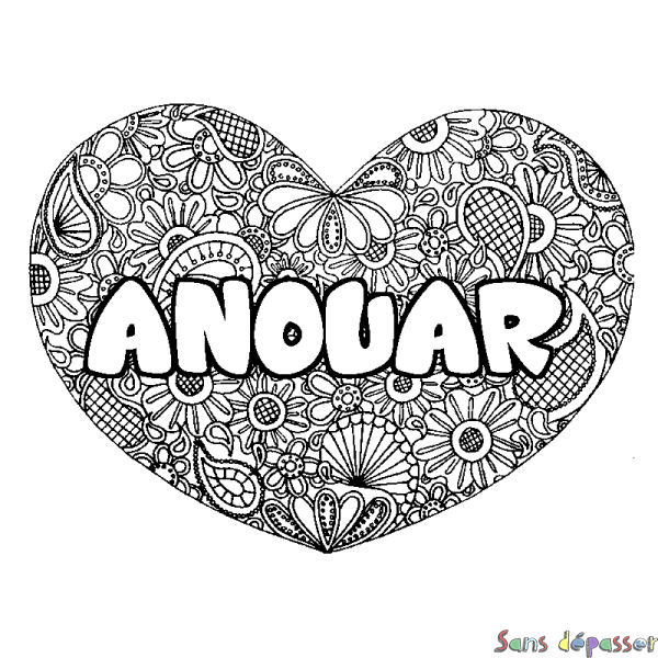 Coloriage pr&eacute;nom ANOUAR - d&eacute;cor Mandala coeur