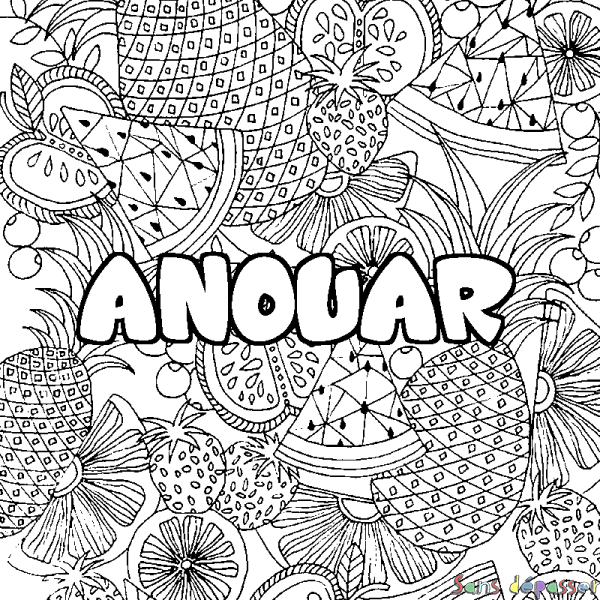 Coloriage pr&eacute;nom ANOUAR - d&eacute;cor Mandala fruits