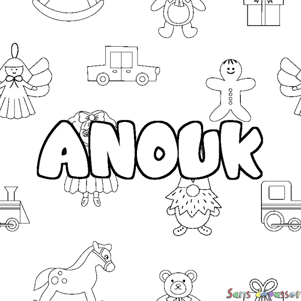 Coloriage pr&eacute;nom ANOUK - d&eacute;cor Jouets
