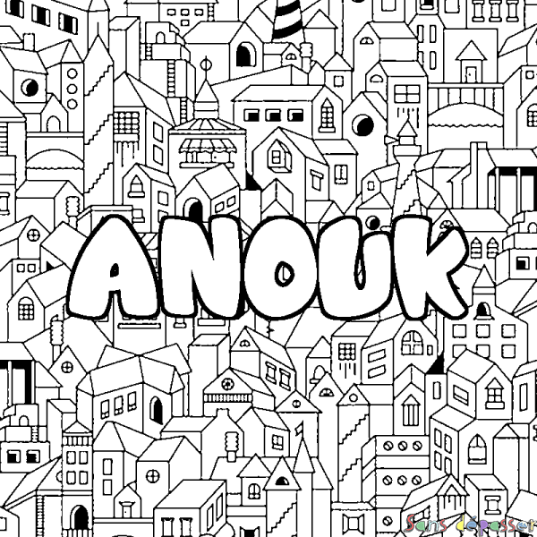 Coloriage pr&eacute;nom ANOUK - d&eacute;cor Ville