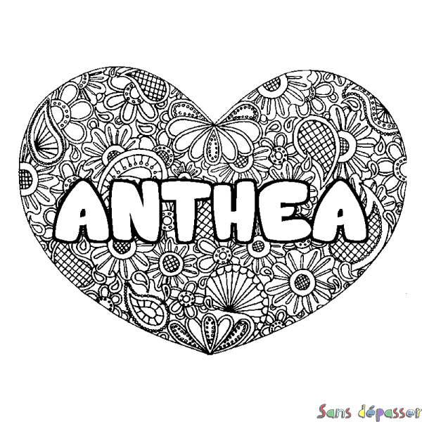 Coloriage prénom ANTHEA - d&eacute;cor Mandala coeur
