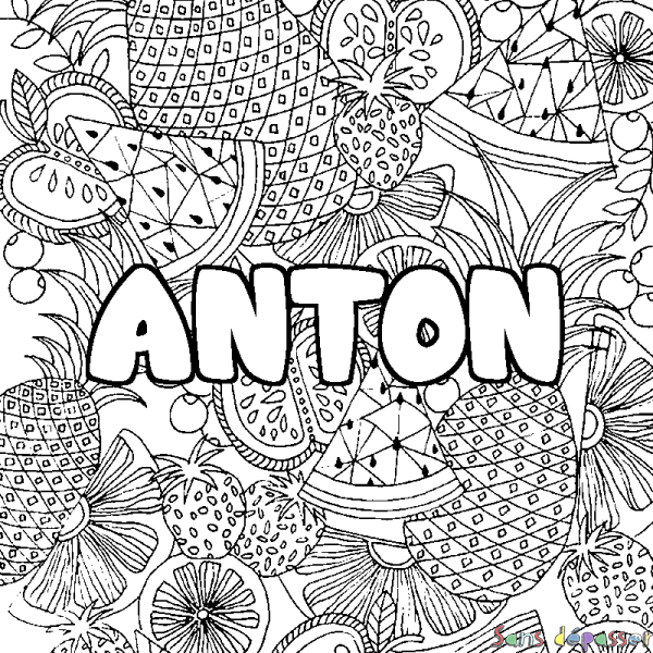 Coloriage pr&eacute;nom ANTON - d&eacute;cor Mandala fruits